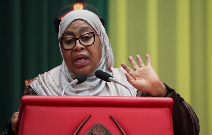 Tanzanian President Samia Suluhu Hassan addresses local elders as part of efforts to foster peace following the election, in Dar es Salaam, on Dec. 2, 2025.