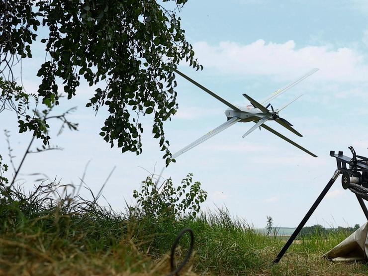 A RAM-2X strike drone launches from the Ukrainian front line.