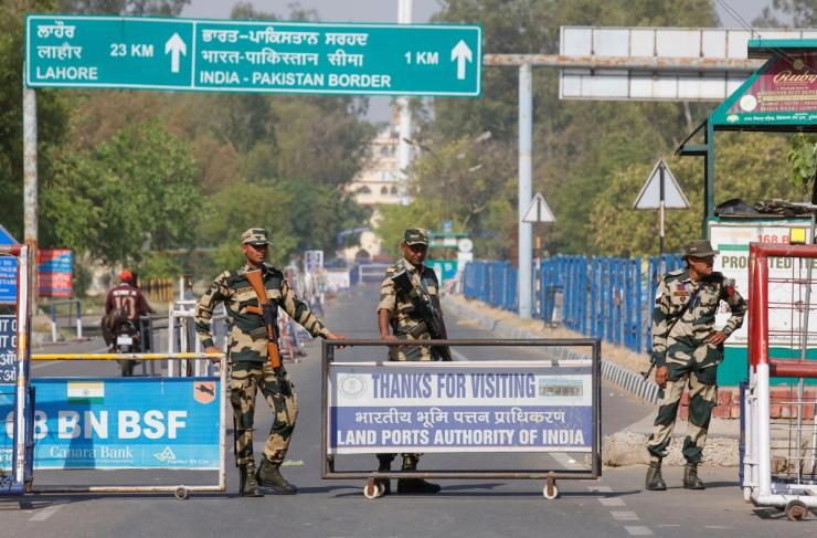 Pakistani soldiers maintain a checkpoint at the border with India.