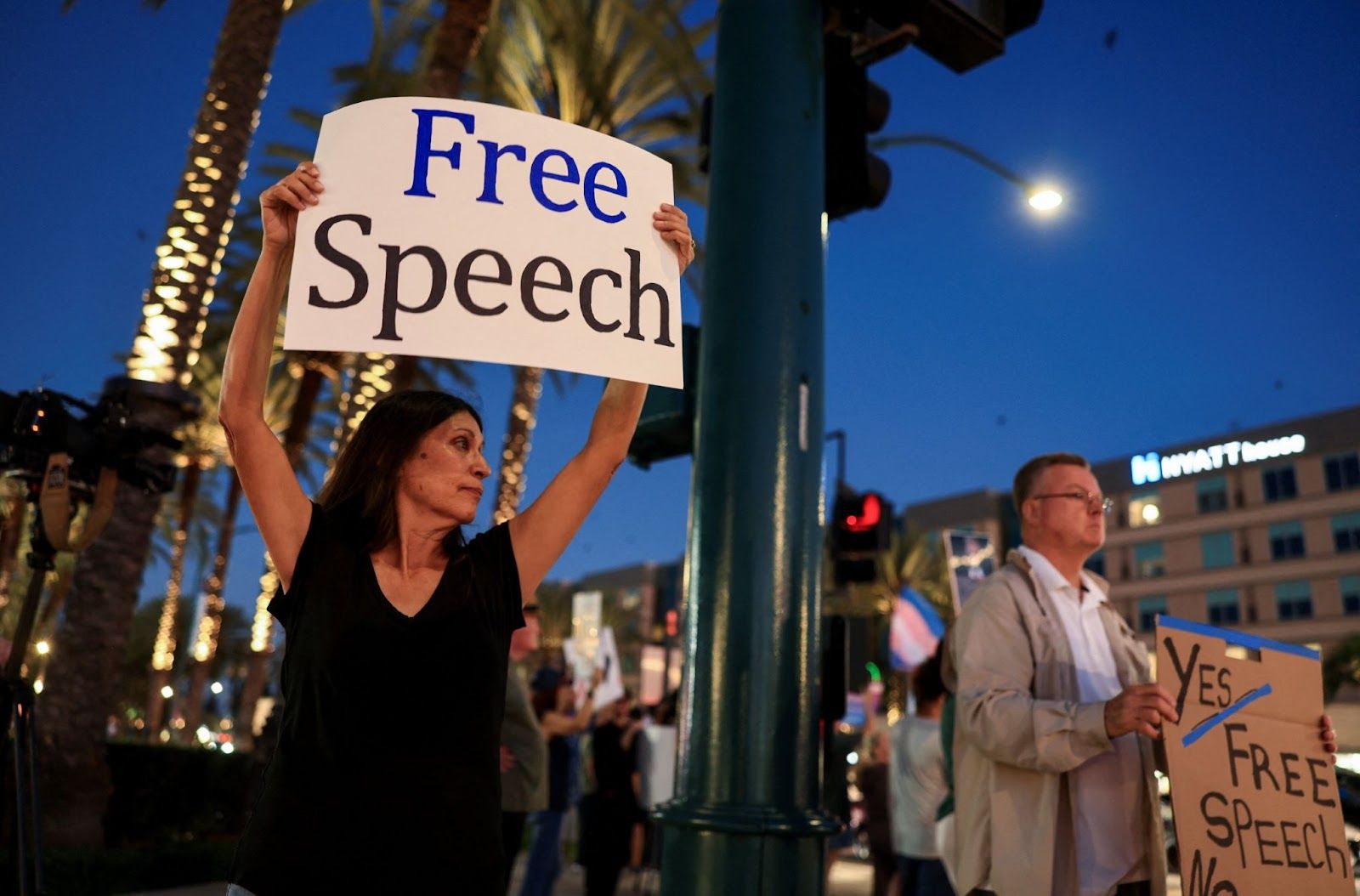 A pro-free speech protest in California. 
