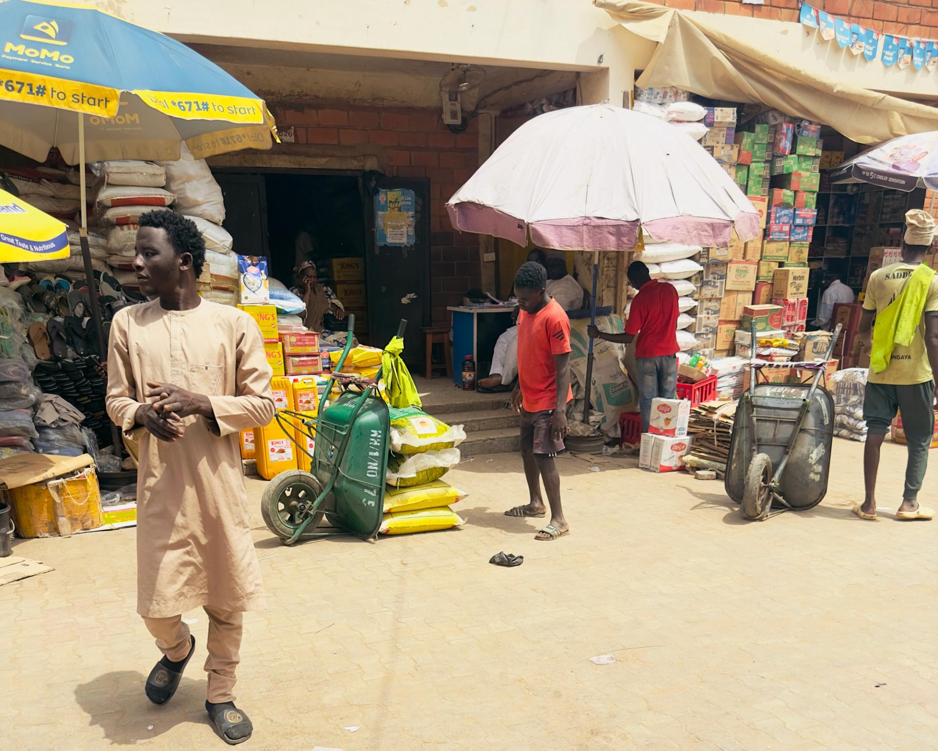 A stack of rice bags outside a shop in Wuse Market in Abuja, Nigeria.