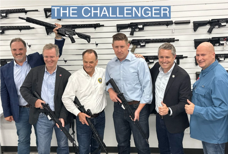 David Covey poses with Republican state legislators who’ve endorsed his campaign against Dade Phelan in Beaumont, Texas, on May 16, 2024.