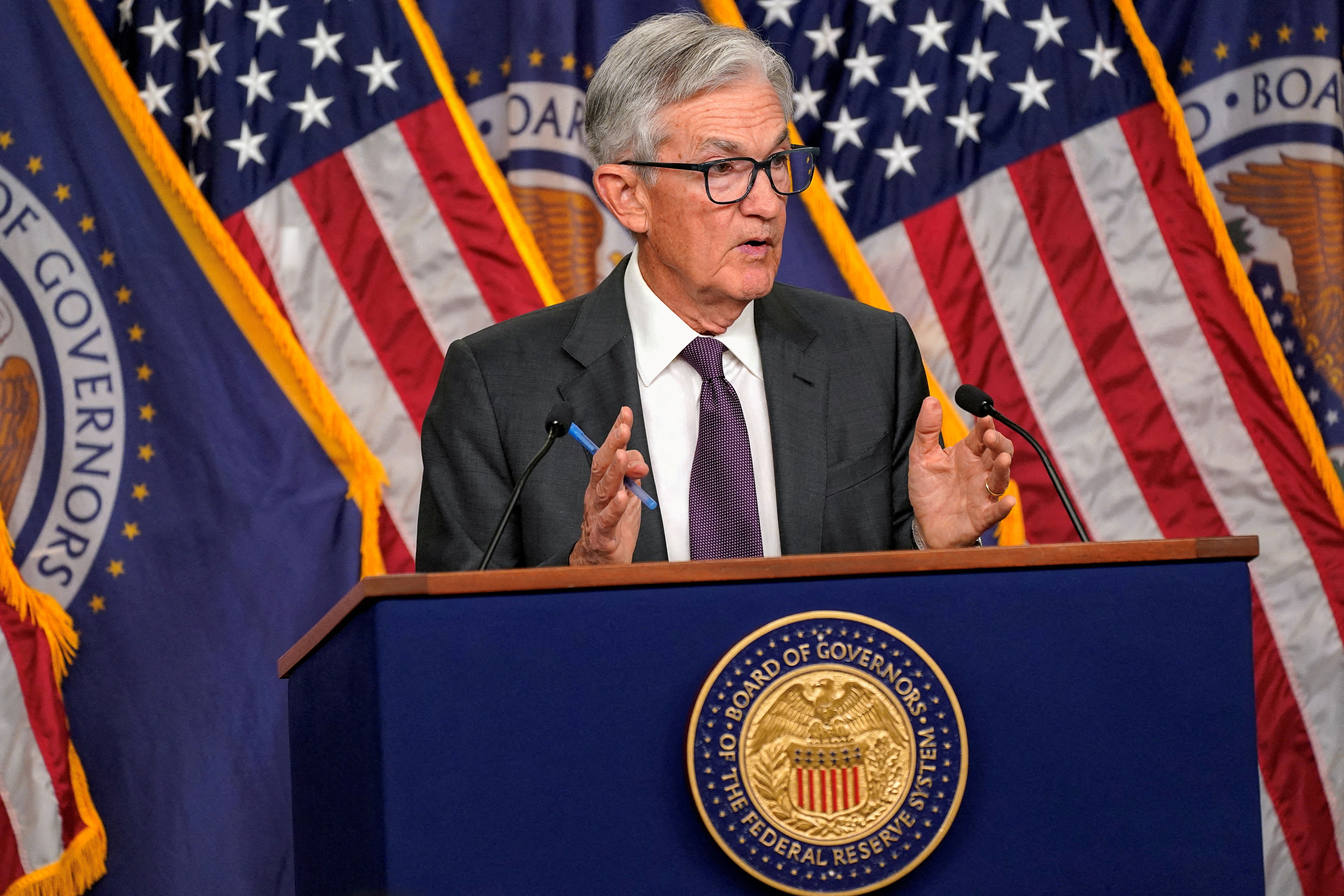 U.S. Federal Reserve Chair Jerome Powell speaks at a press conference, following a two-day meeting of the Federal Open Market Committee on interest rate policy, in Washington, D.C., U.S.