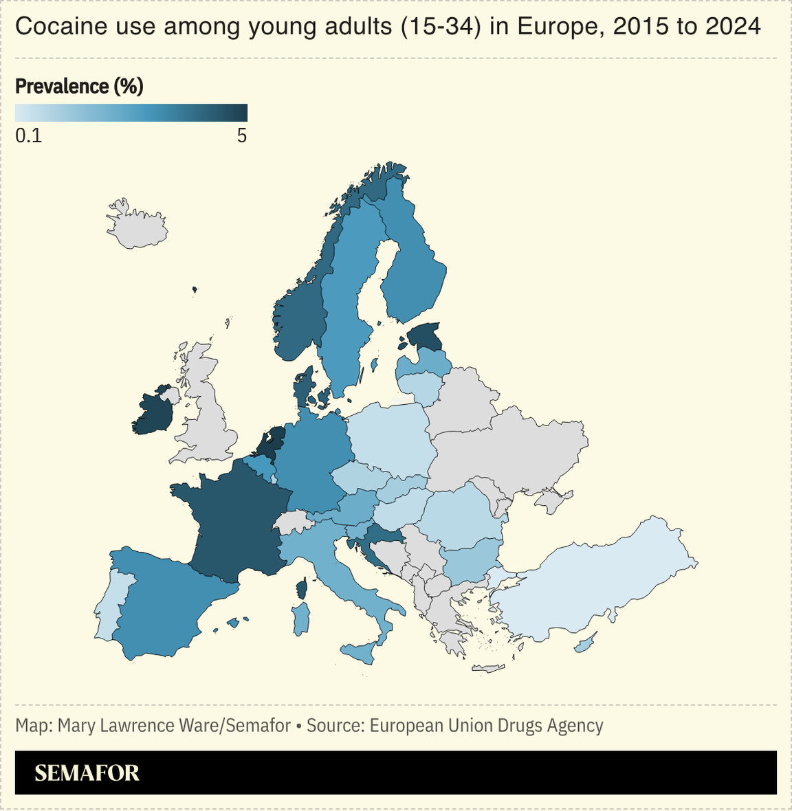 Chart of cocaine use among young adults (15-34) in Europe, 2014 to 2025