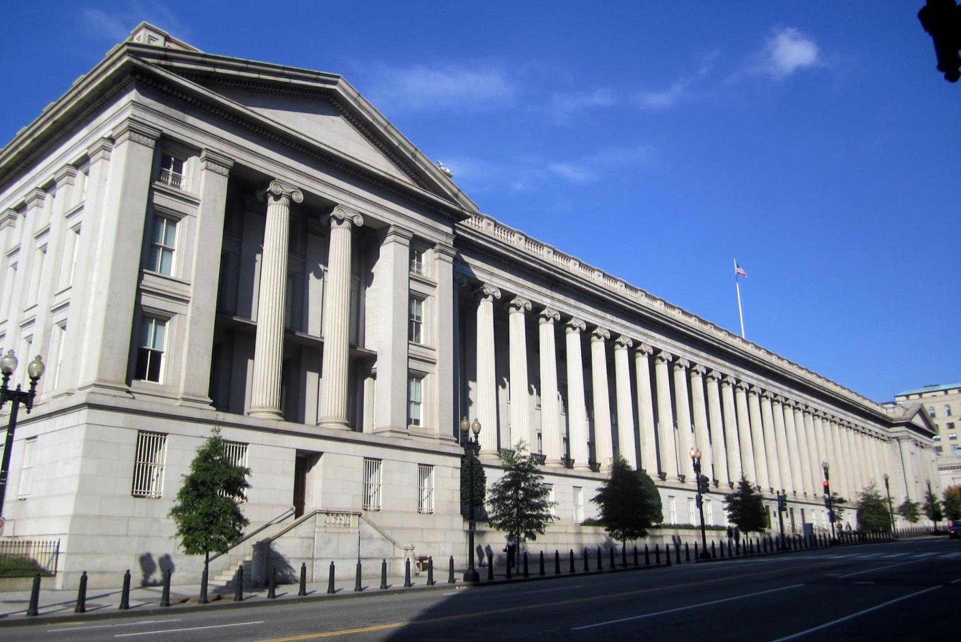 The US Department of Treasury building in Washington, DC.