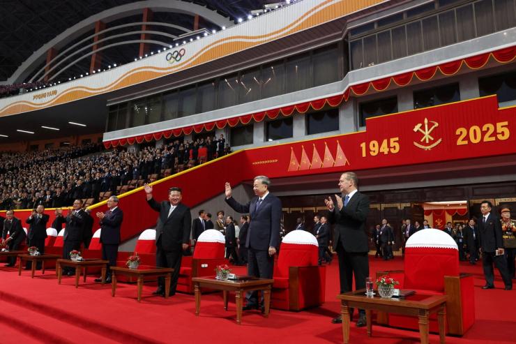 North Korean leader Kim Jong Un, General Secretary of the Communist Party of Vietnam To Lam and Deputy Chairman of the Russian Security Council and leader of the United Russia political party Dmitry Medvedev attend an event marking the 80th anniversary of the founding of the ruling Workers’ Party of Korea.