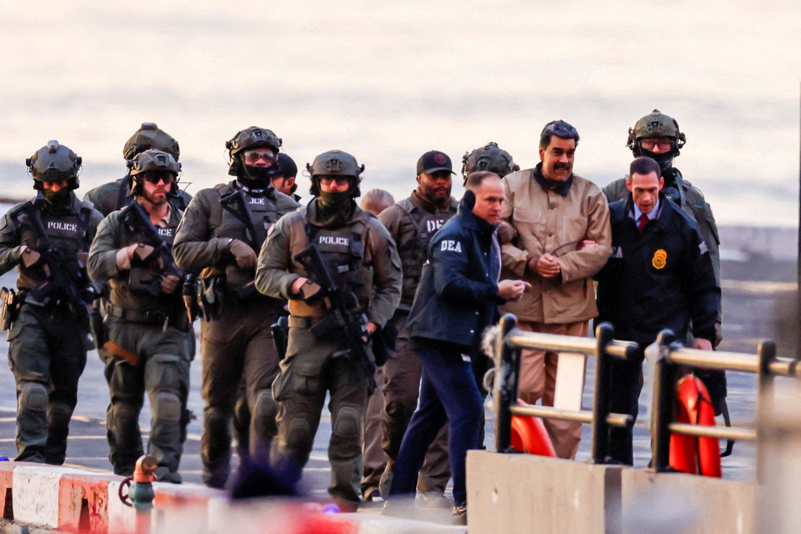 Captured Venezuelan President Nicolas Maduro arrives at the Downtown Manhattan Heliport, as he heads towards the Daniel Patrick Moynihan United States Courthouse in Manhattan for an initial appearance to face U.S. federal charges including narco-terrorism, conspiracy, drug trafficking, money laundering and others in New York City, U.S., January 5, 2026. 