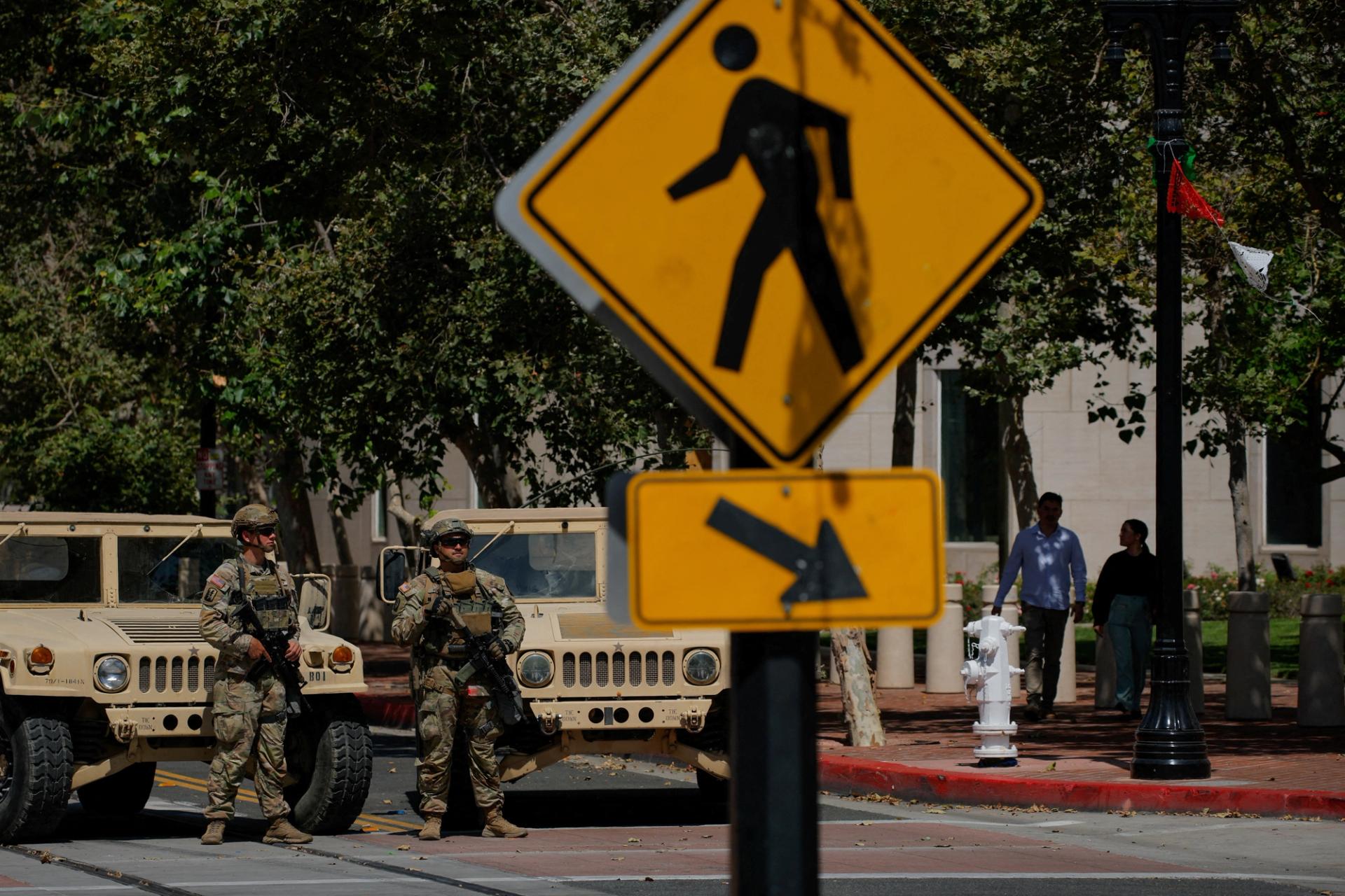 Members of the California National Guard are deployed outside a complex of federal buildings in Santa Ana.