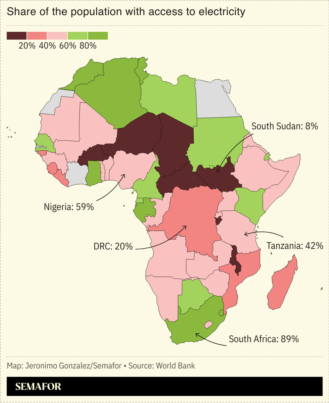 A map showing the share of African countries’s populations without access to electricity.