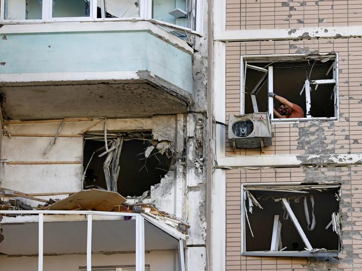A damaged apartment building following a Ukrainian drone attack near Moscow