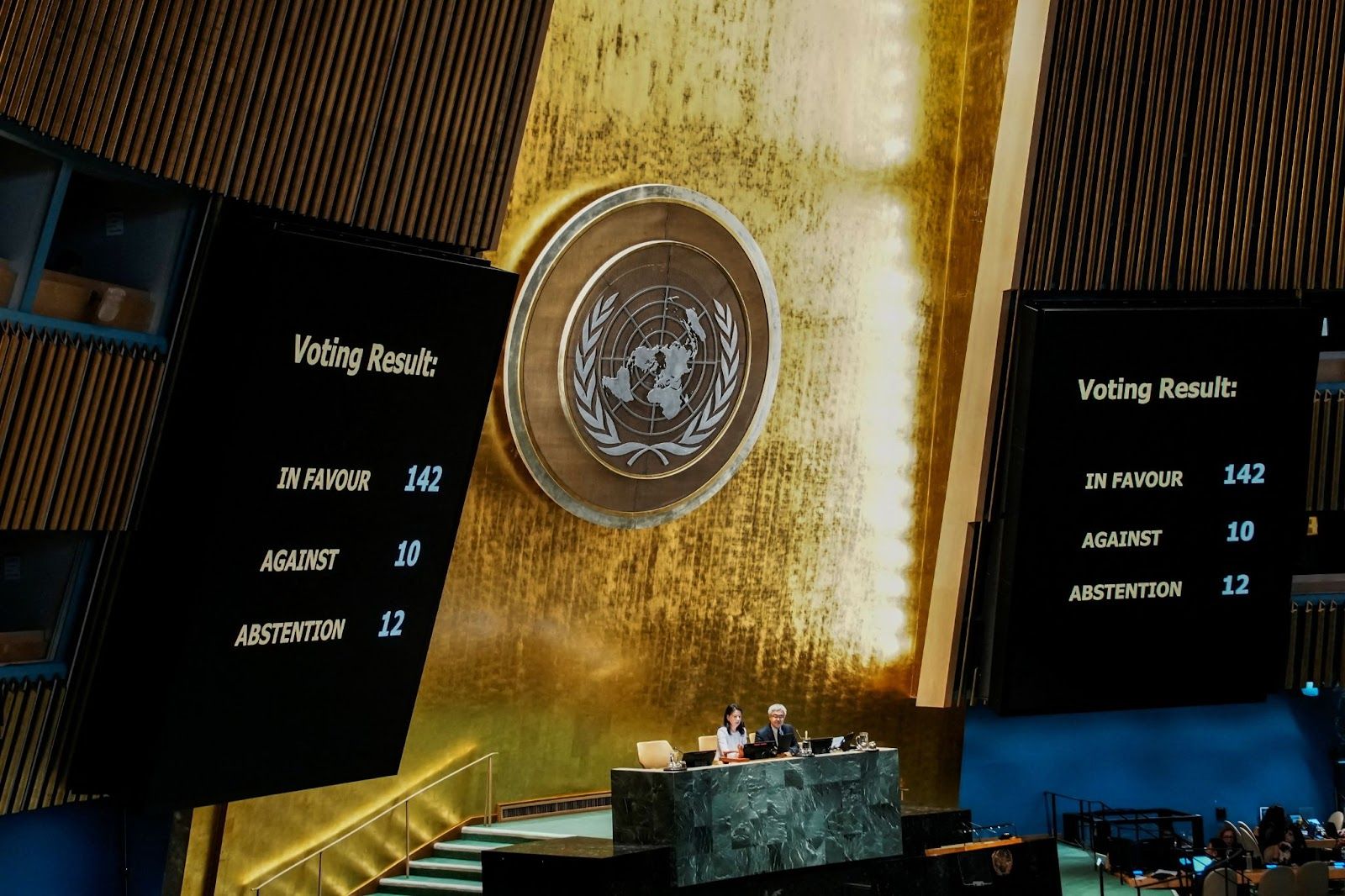 General Assembly votes on resolution endorsing declaration on two-state solution at UN headquarters in New York.