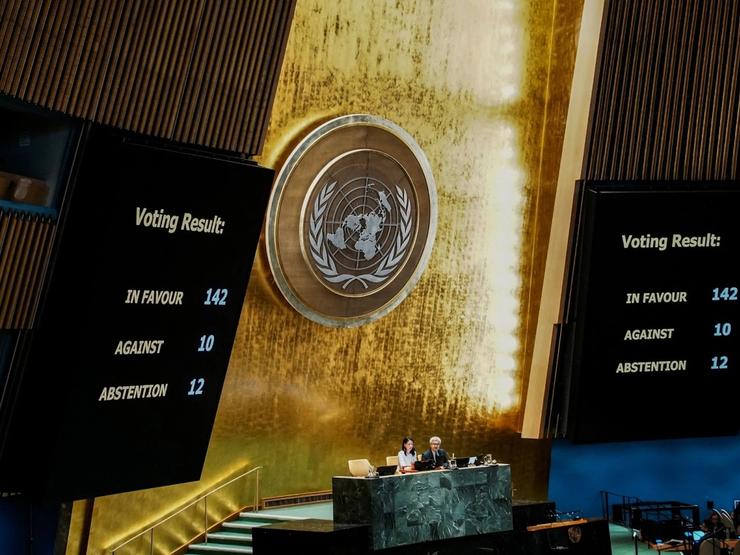 General Assembly votes on resolution endorsing declaration on two-state solution at UN headquarters in New York.