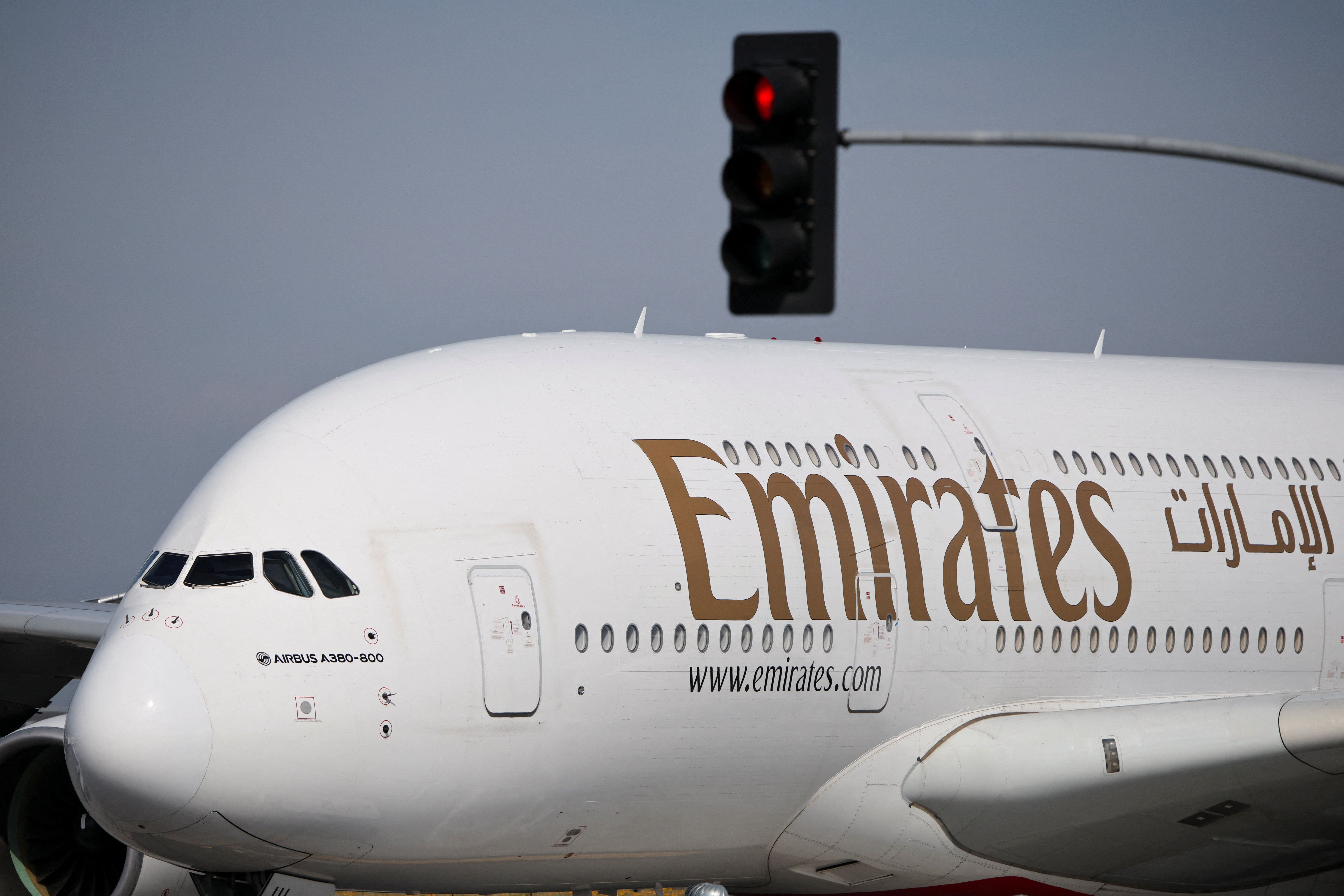 An Emirates plane sits on the tarmac at Los Angeles International Airport.