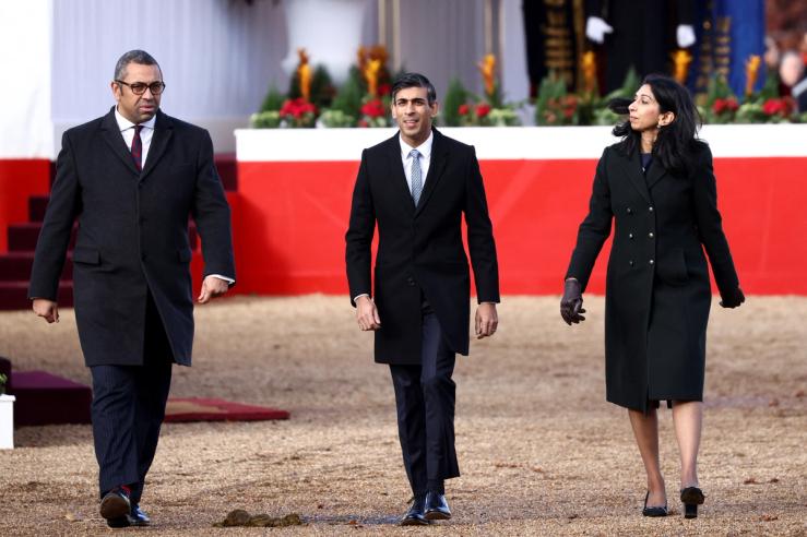 British Foreign Secretary James Cleverly, British Prime Minister Rishi Sunak and British Home Secretary Suella Braverman attend the ceremonial welcome.