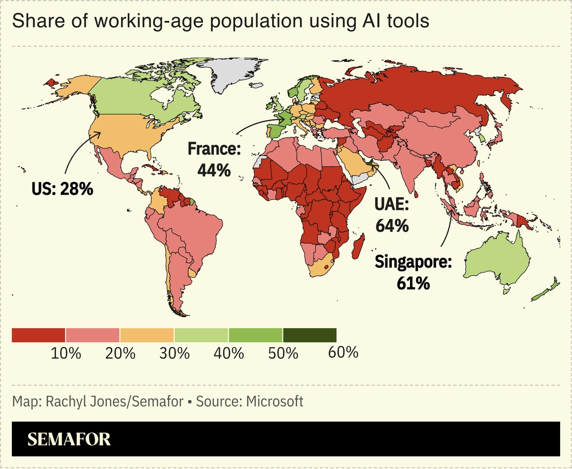 A map showing the share of the working ag population in the world using AI.