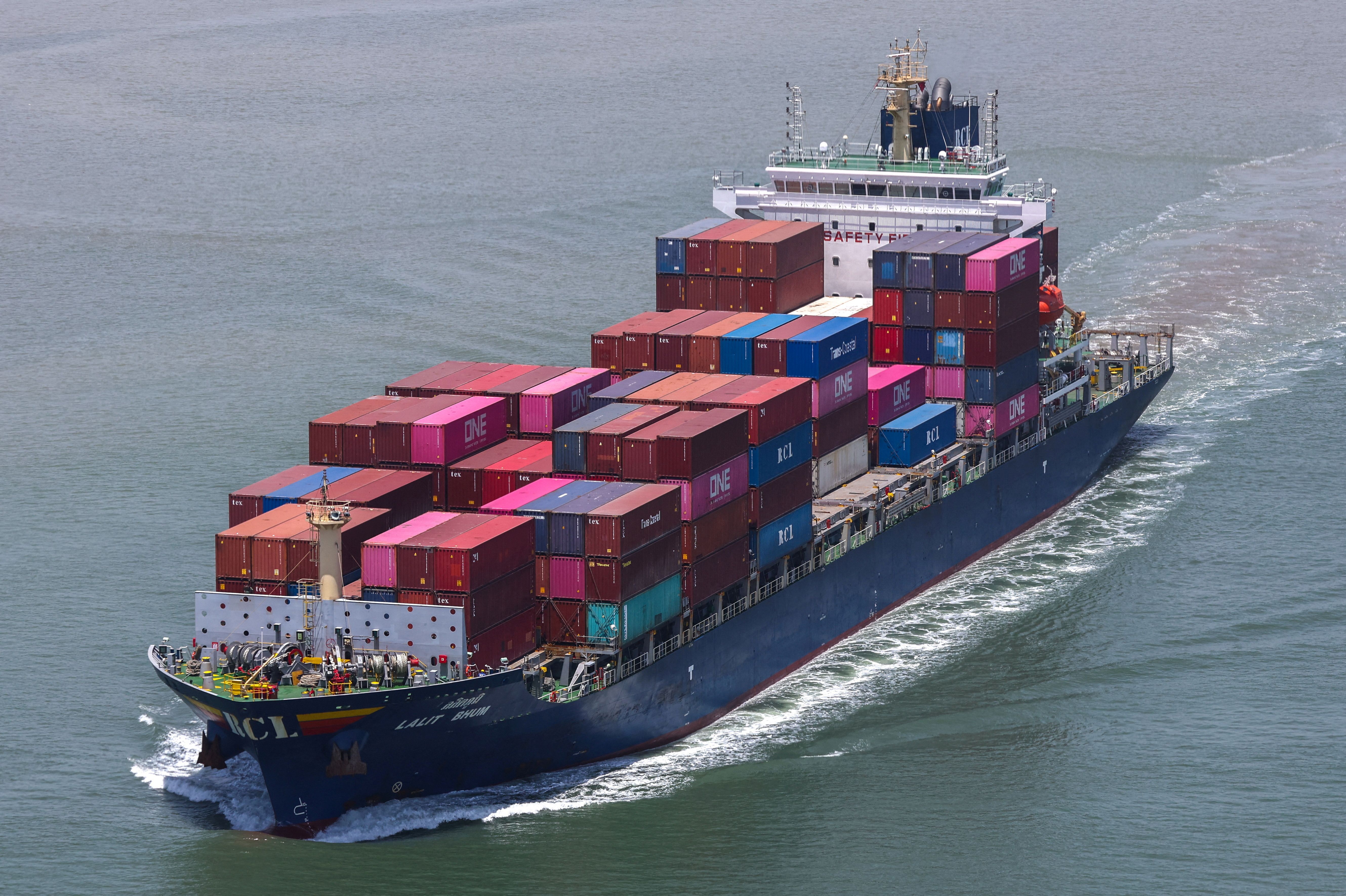 A container ship is seen near the Hai Phong International Container Terminal.