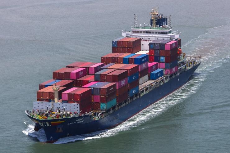 A container ship is seen near the Hai Phong International Container Terminal.