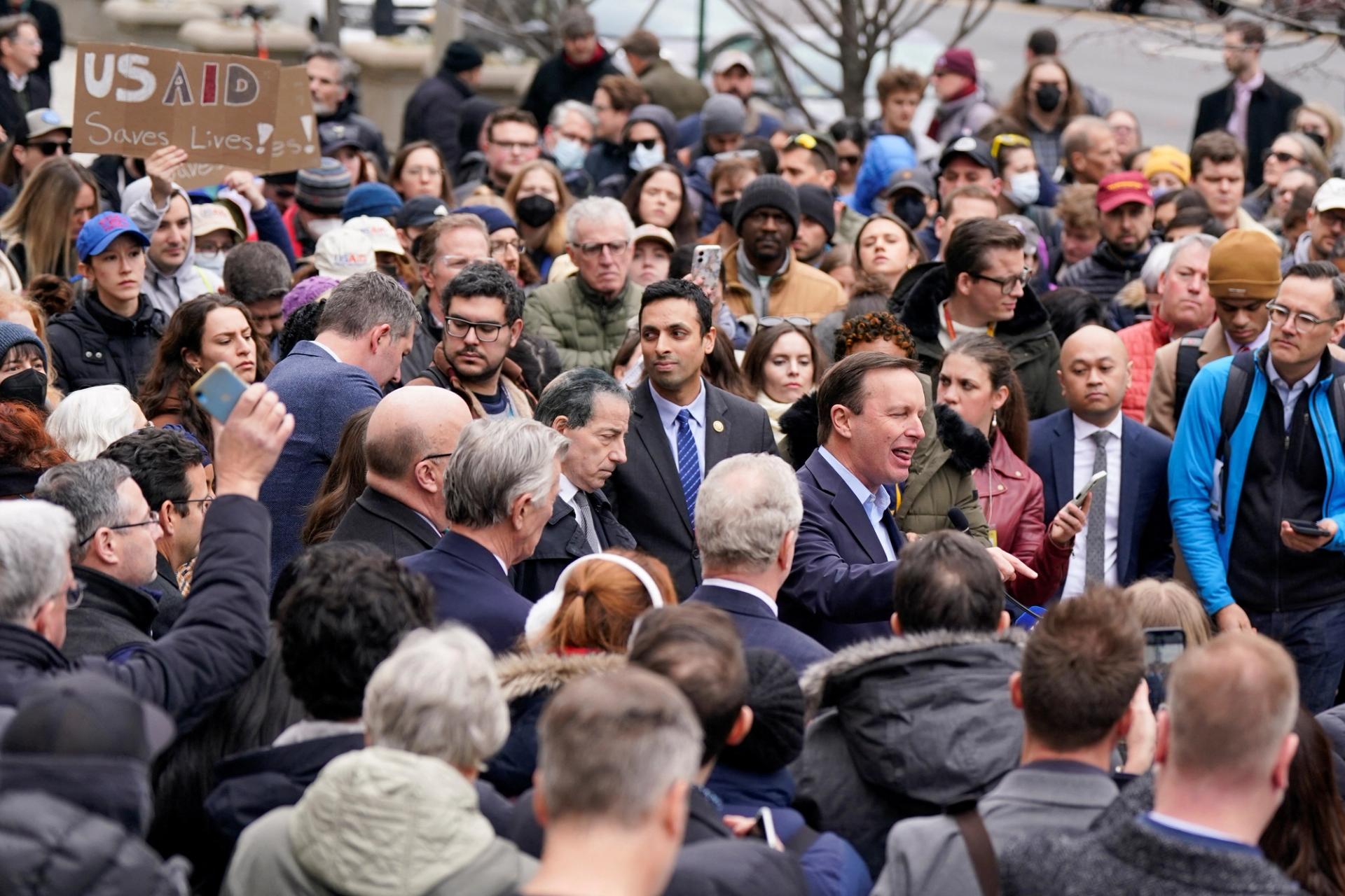 Sen. Chris Murphy, D-Conn., leads a protest against Trump policies