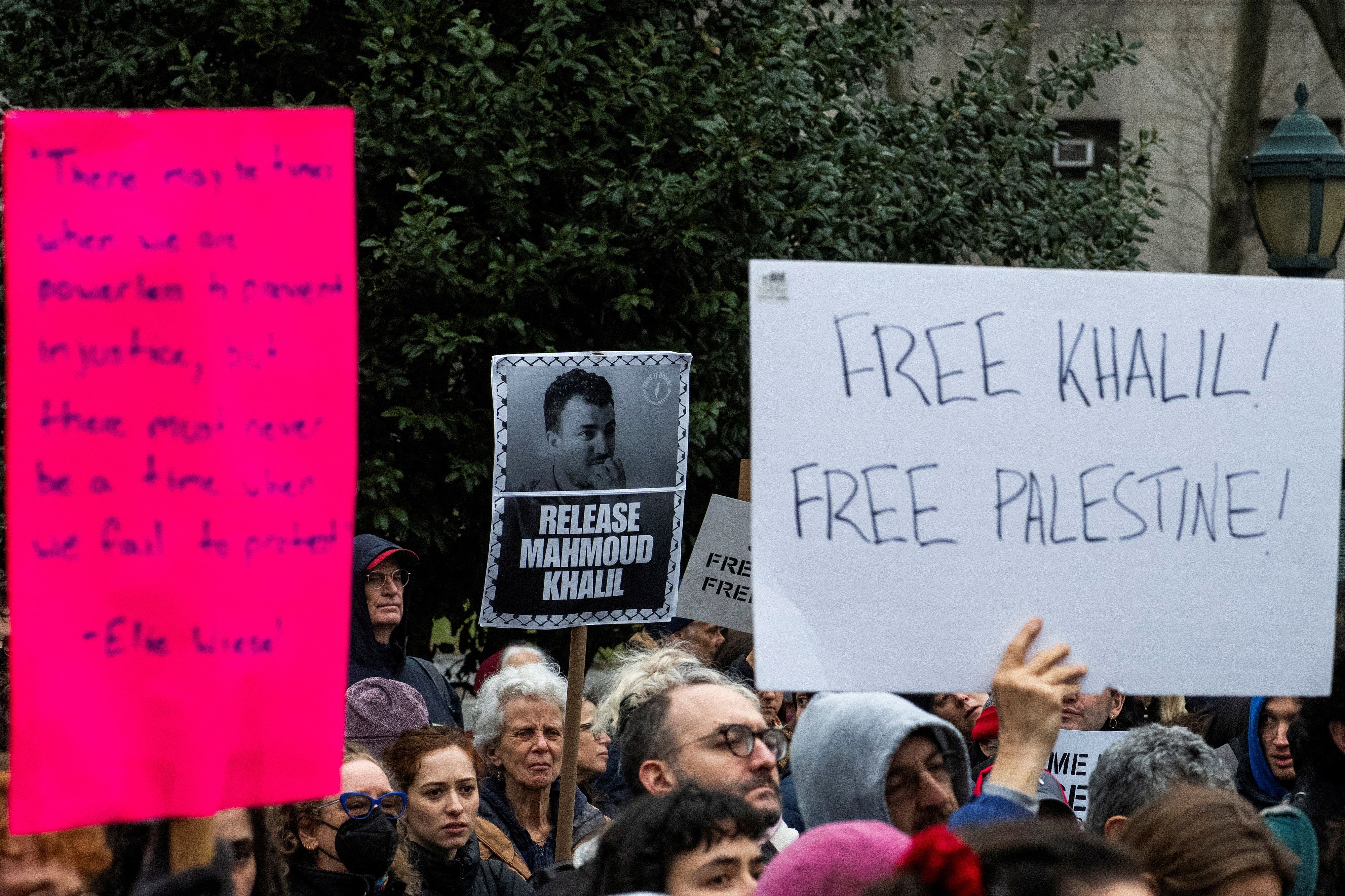 People take part in a rally organized by Jewish activists against the detention by ICE agents of Palestinian activist and Columbia University graduate student Mahmoud Khalil in New York City.