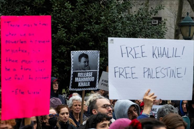 People take part in a rally organized by Jewish activists against the detention by ICE agents of Palestinian activist and Columbia University graduate student Mahmoud Khalil in New York City.