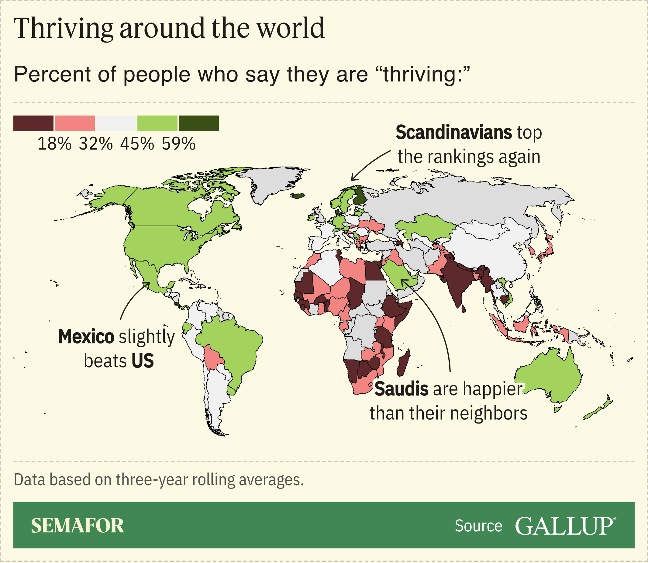 A map showing people around the world who say they are “thriving,” based on Gallup findings.