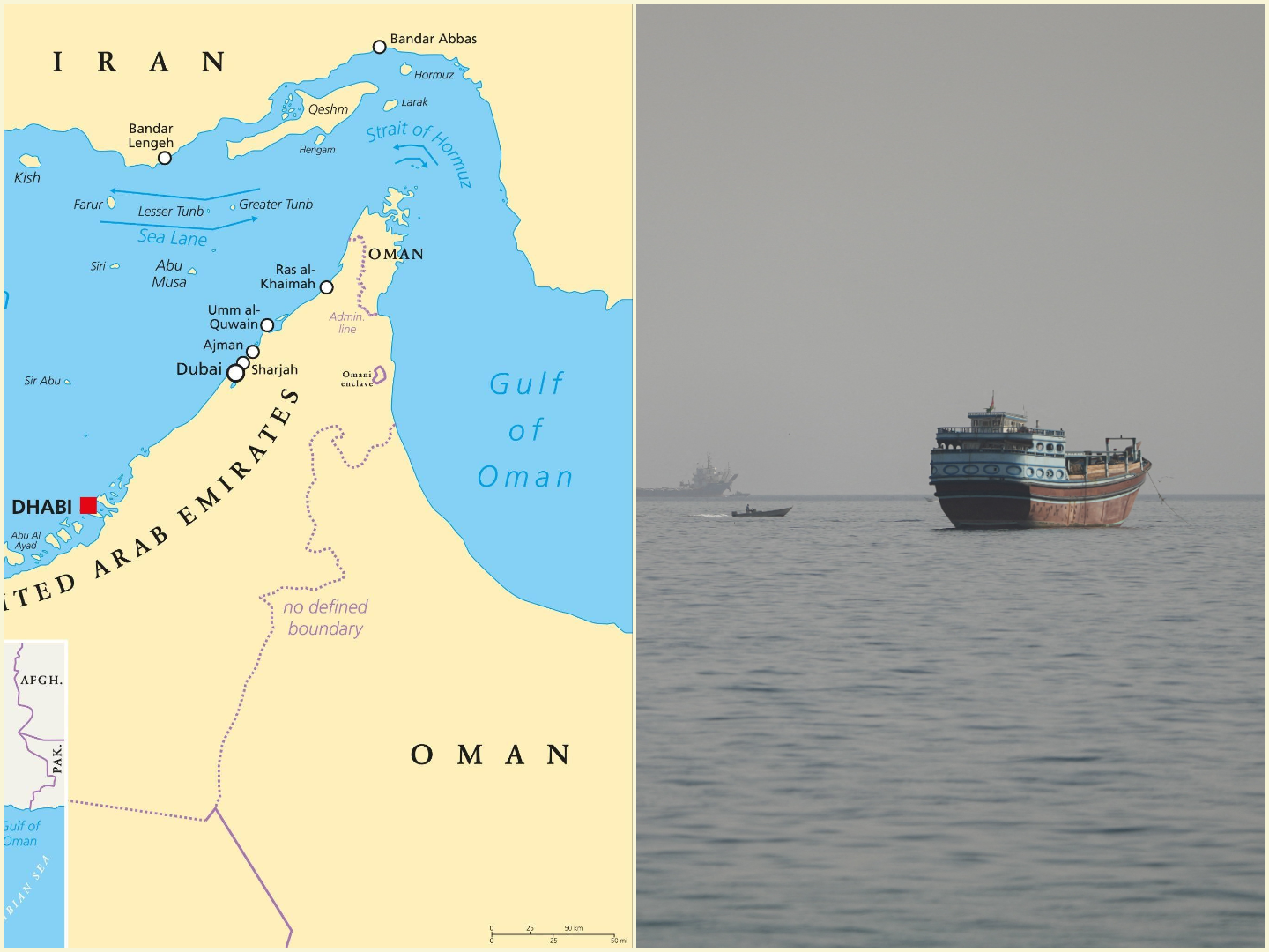 A collage of a map of Hormuz and a tanker passing through the strait