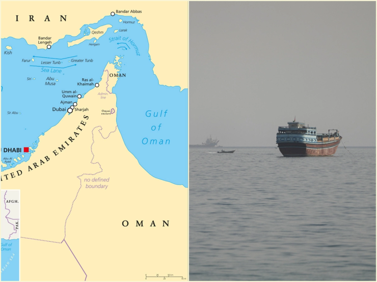 A collage of a map of Hormuz and a tanker passing through the strait