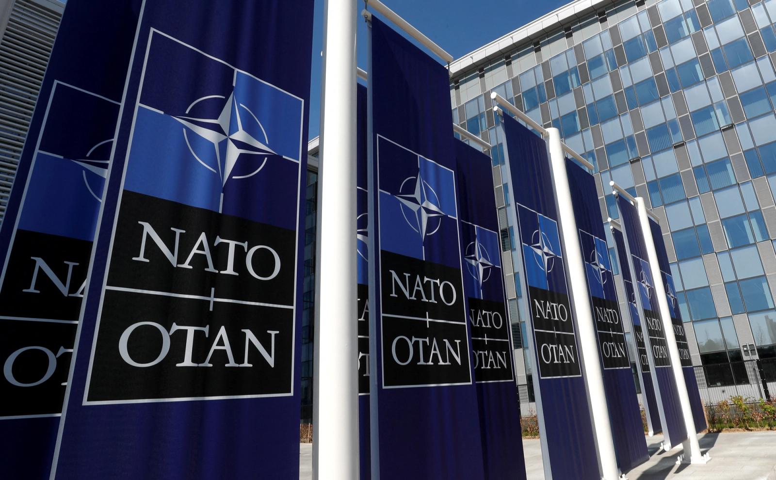 The NATO logo in Brussels.