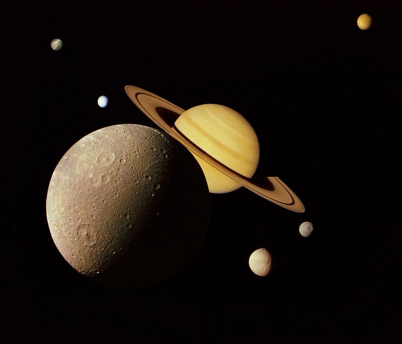 Montage of images of the Saturnian system.