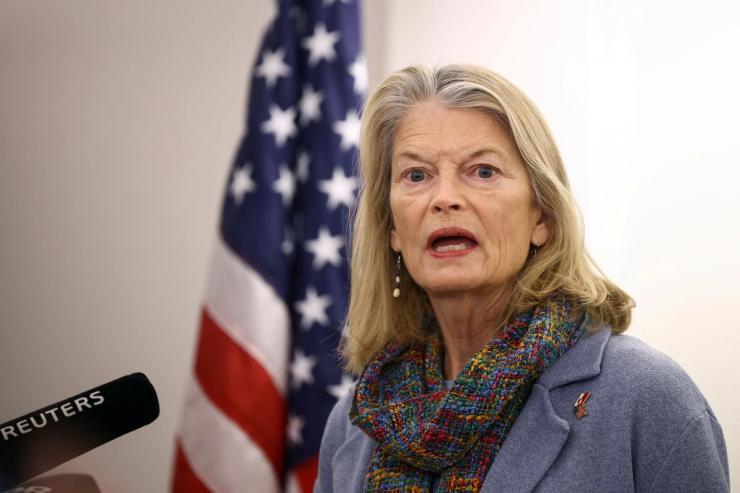 Lisa Murkowski (R-AK) speaks during a press conference in Nuuk, Greenland.