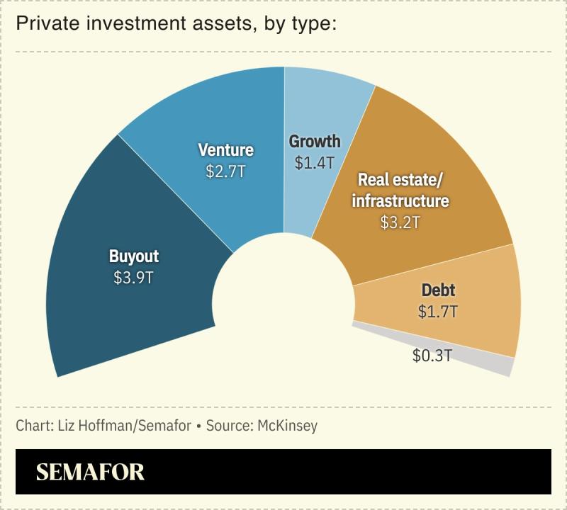 A chart showing the division of private investment assets by type