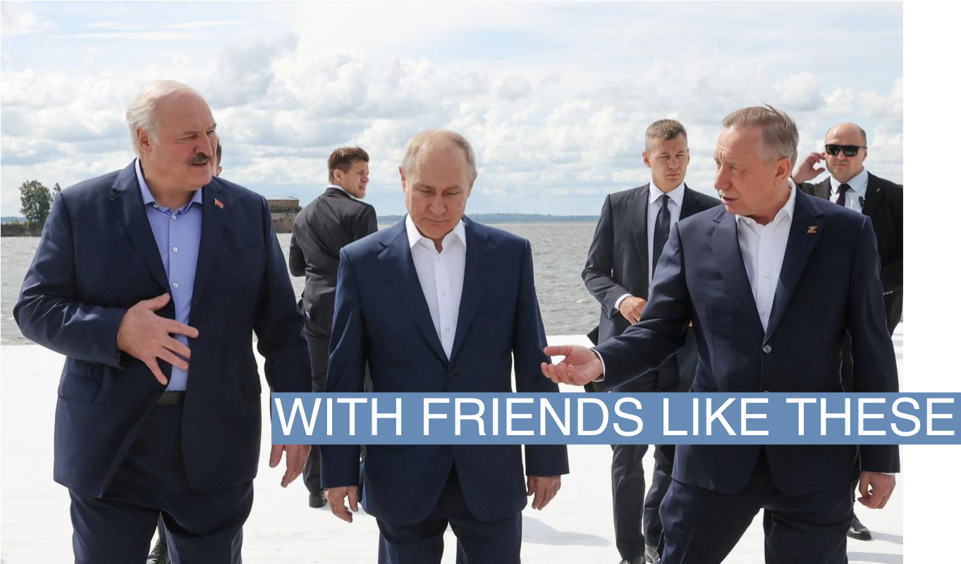 Russian President Vladimir Putin, Belarusian President Alexander Lukashenko and Governor of Saint Petersburg Alexander Beglov walk after visiting the Museum of Naval Glory in Kronstadt near Saint Petersburg, Russia July 23, 2023. Sputnik/Alexander Demyanchuk/Pool via REUTERS