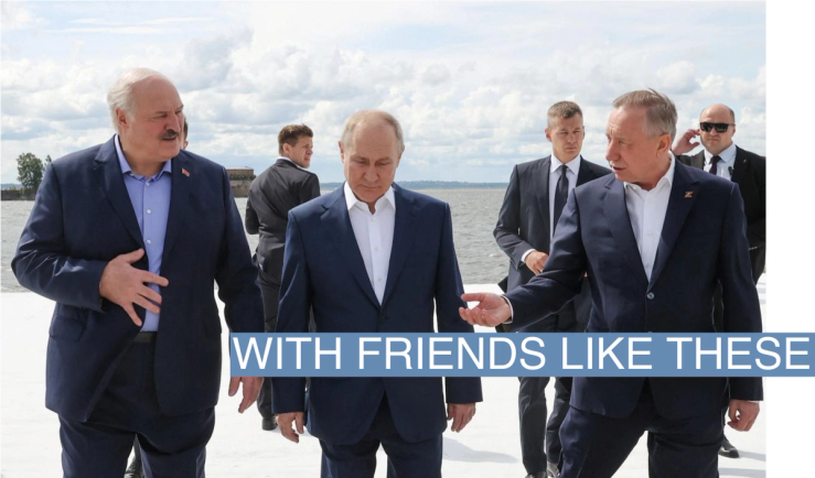 Russian President Vladimir Putin, Belarusian President Alexander Lukashenko and Governor of Saint Petersburg Alexander Beglov walk after visiting the Museum of Naval Glory in Kronstadt near Saint Petersburg, Russia July 23, 2023. Sputnik/Alexander Demyanchuk/Pool via REUTERS