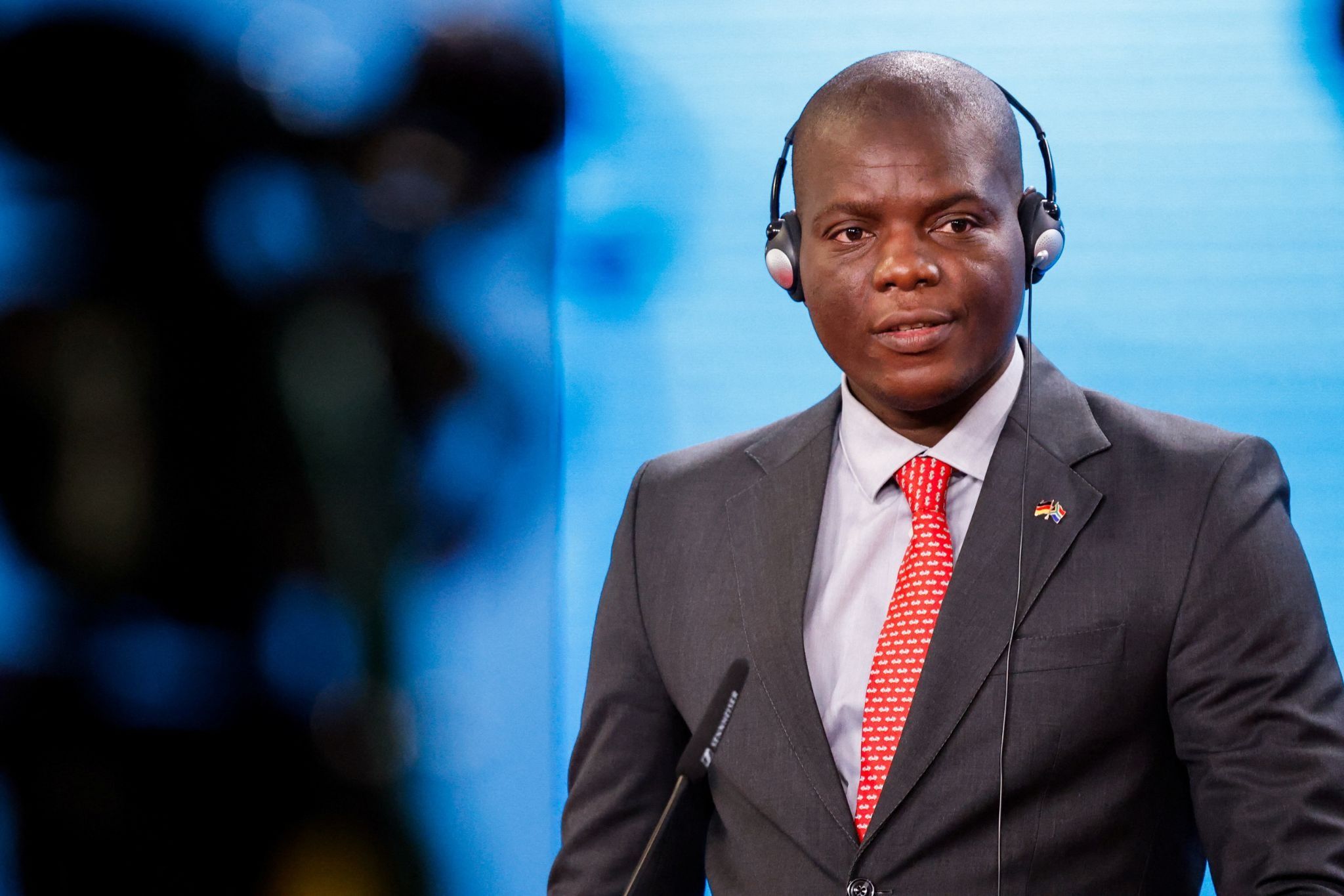 South Africa’s Minister of International Relations and Cooperation Ronald Ozzy Lamola speaks to the media.