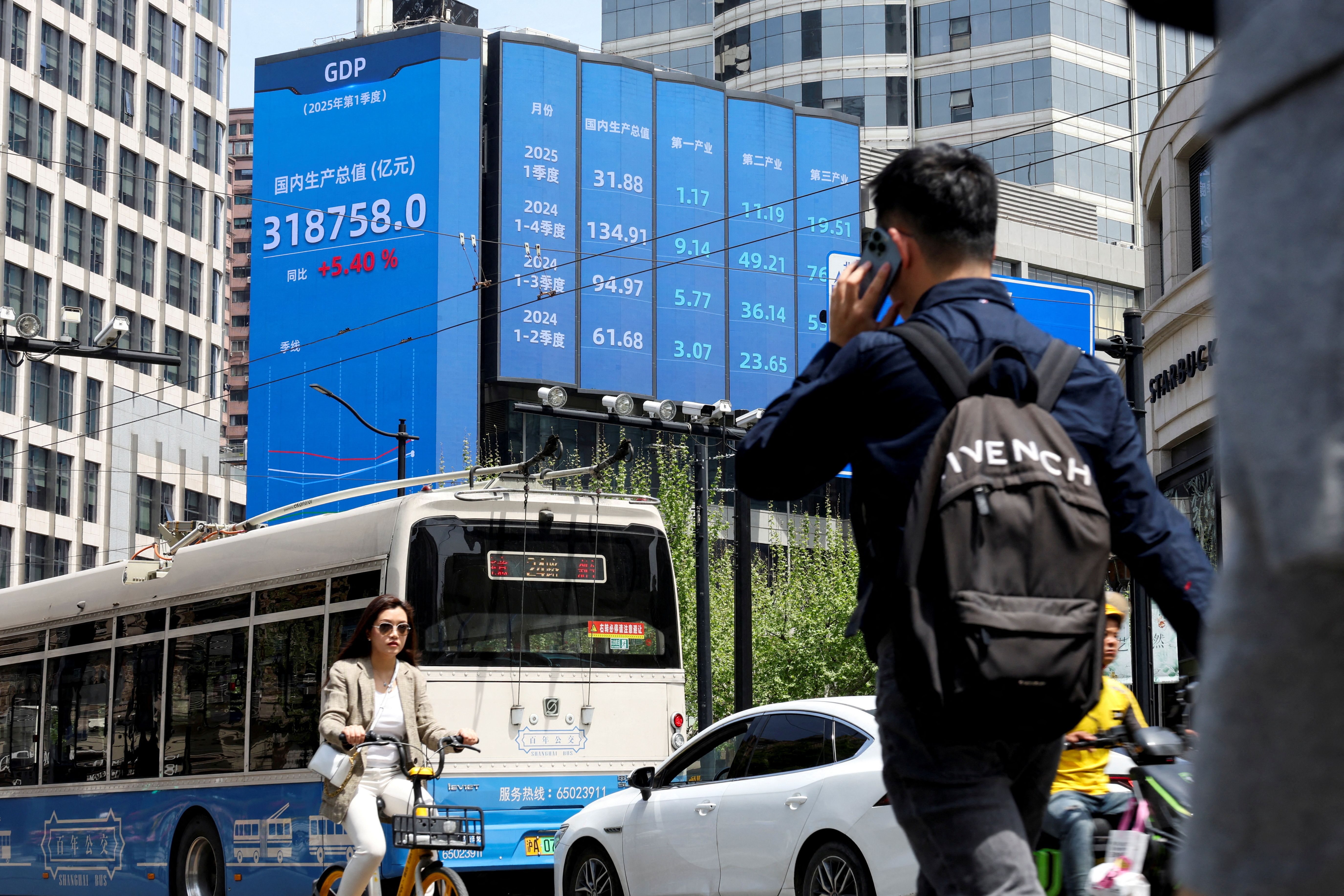 Electronic board shows China’s first-quarter GDP in Shanghai, China
