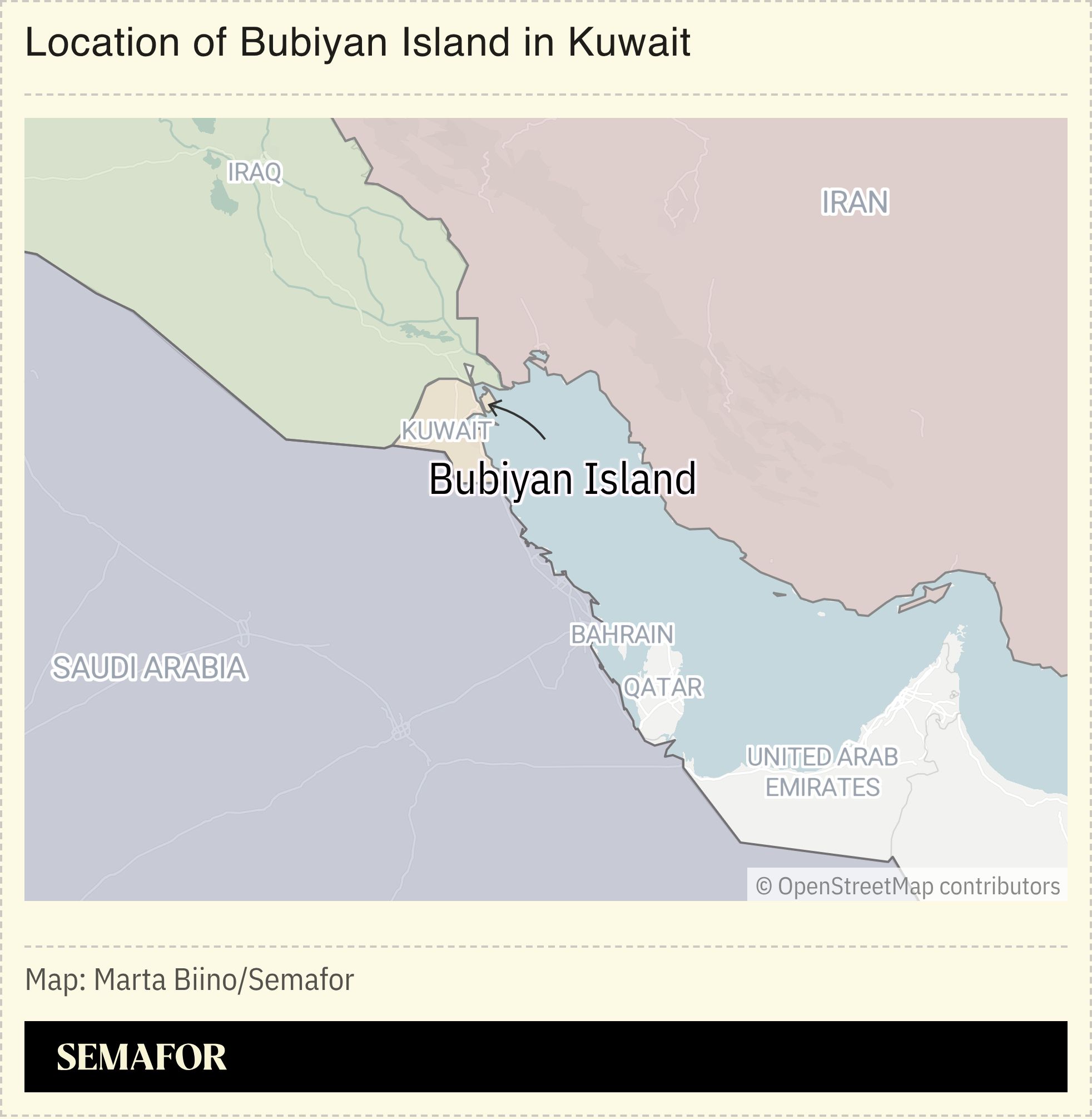 A map showing the location of Bubiyan Island in Kuwait.
