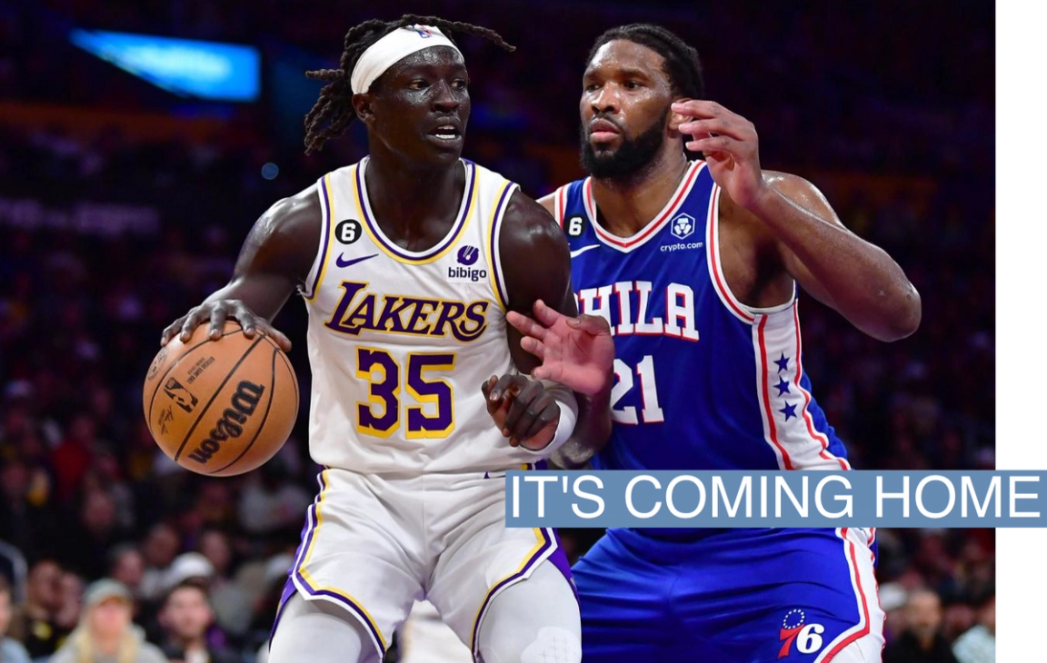 Los Angeles Lakers’ Wenyen Gabriel (South Sudan) with the ball against Philadelphia 76ers’ Joel Embiid (Cameroon) 