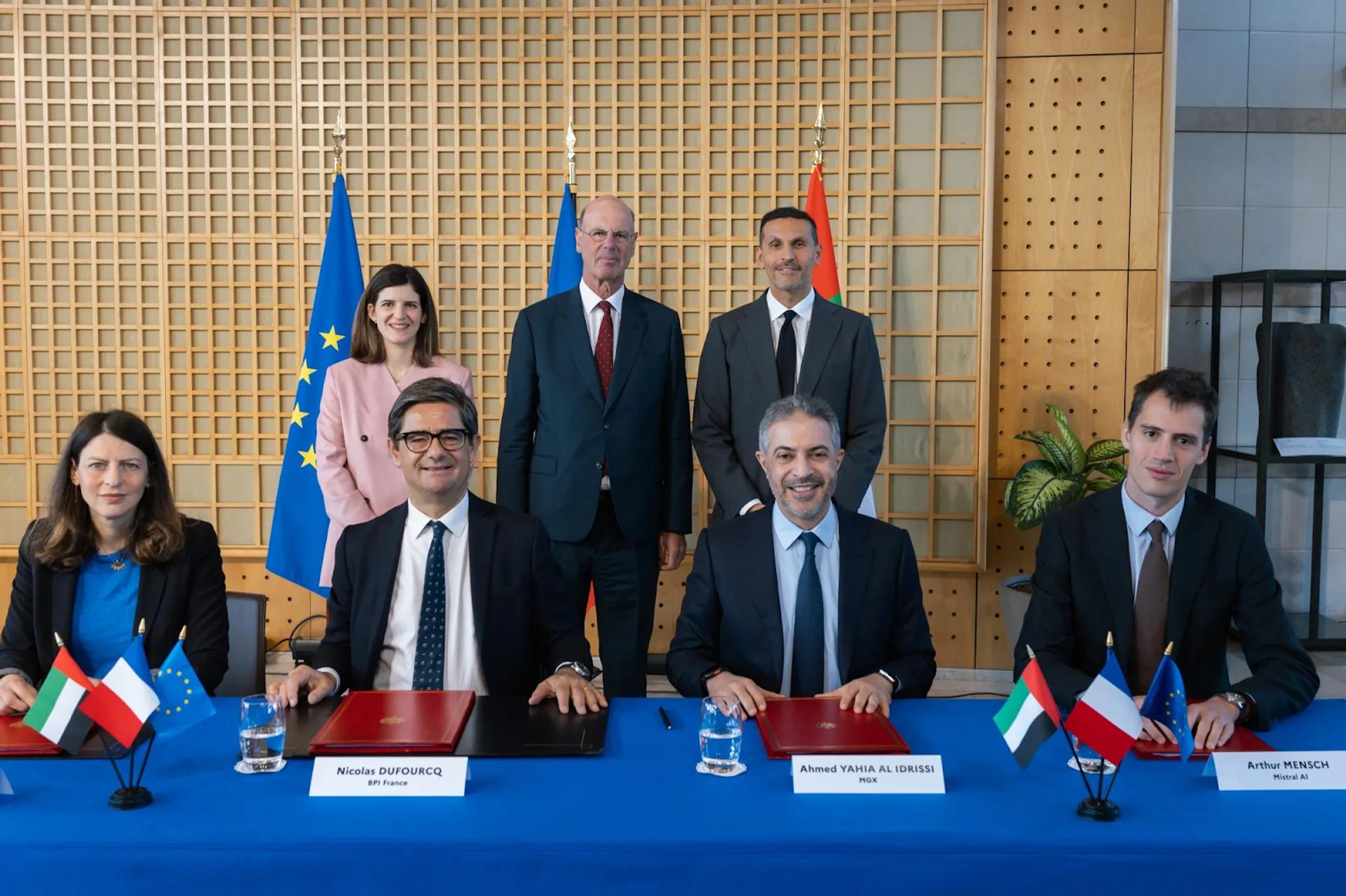 Bpifrance SACA CEO Nicolas Dufourcq, front centre left, MGX CEO Ahmed Yahia Al Isrissi, front centre right, Mistral AI CEO Arthur Mensch, front right, France’s Finance Minister Eric Lombard rear center, and Mubadala Investment Co.’s CEO Khaldoon Al Mubarak, rear right, in Versailles, on May 19.