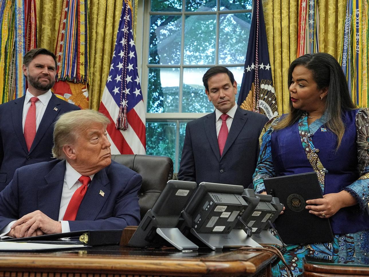 U.S. President Donald Trump, Secretary of State Marco Rubio and Vice President JD Vance meet Democratic Republic of the Congo’s Foreign Minister Therese Kayikwamba Wagner.