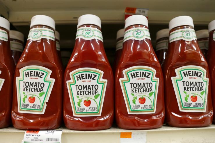 Bottles of Heinz ketchup.