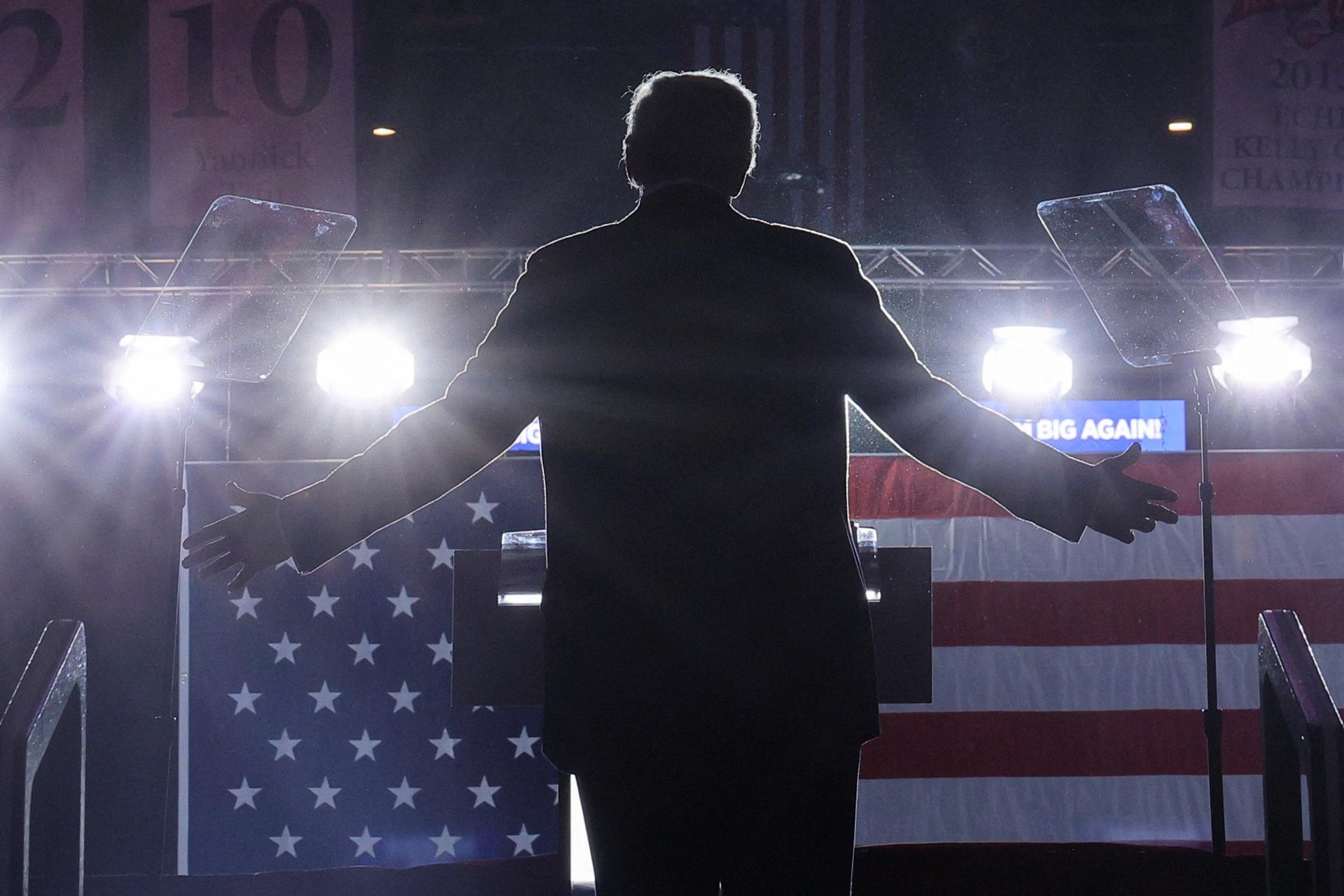 Republican presidential nominee and former US President Donald Trump speaks at a campaign rally at Santander Arena in Reading, Pennsylvania, U.S., November 4, 2024.