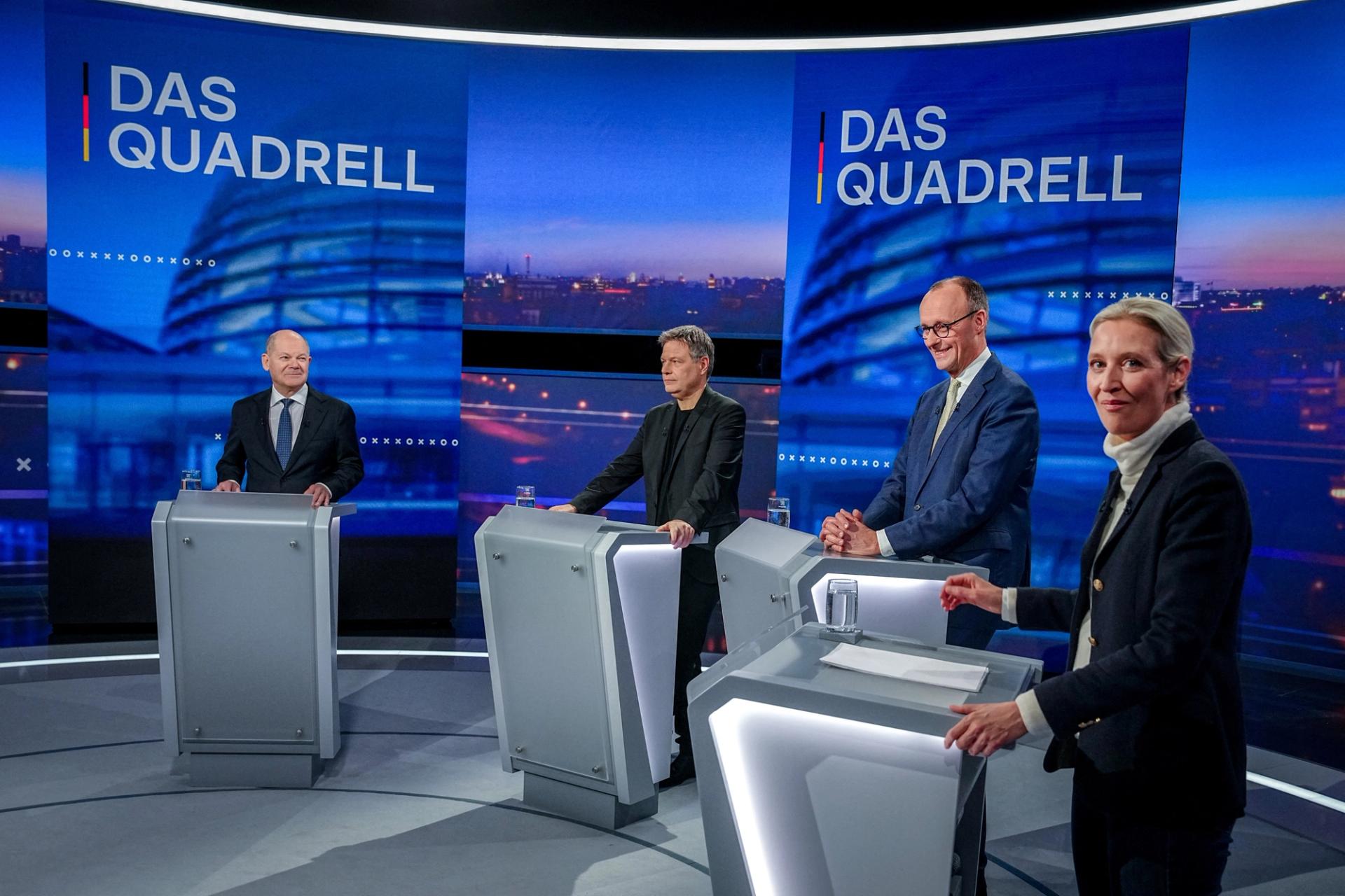 Social Democratic Party (SPD) Chancellor Olaf Scholz, German Economy and Climate Minister Robert Habeck, conservative candidate for chancellor and Christian Democratic Union (CDU) party leader Friedrich Merz and Alternative for Germany (AfD) party co-leader Alice Weidel attend the RTL and NTV TV programme ‘Quadrell’ in Berlin, Germany.