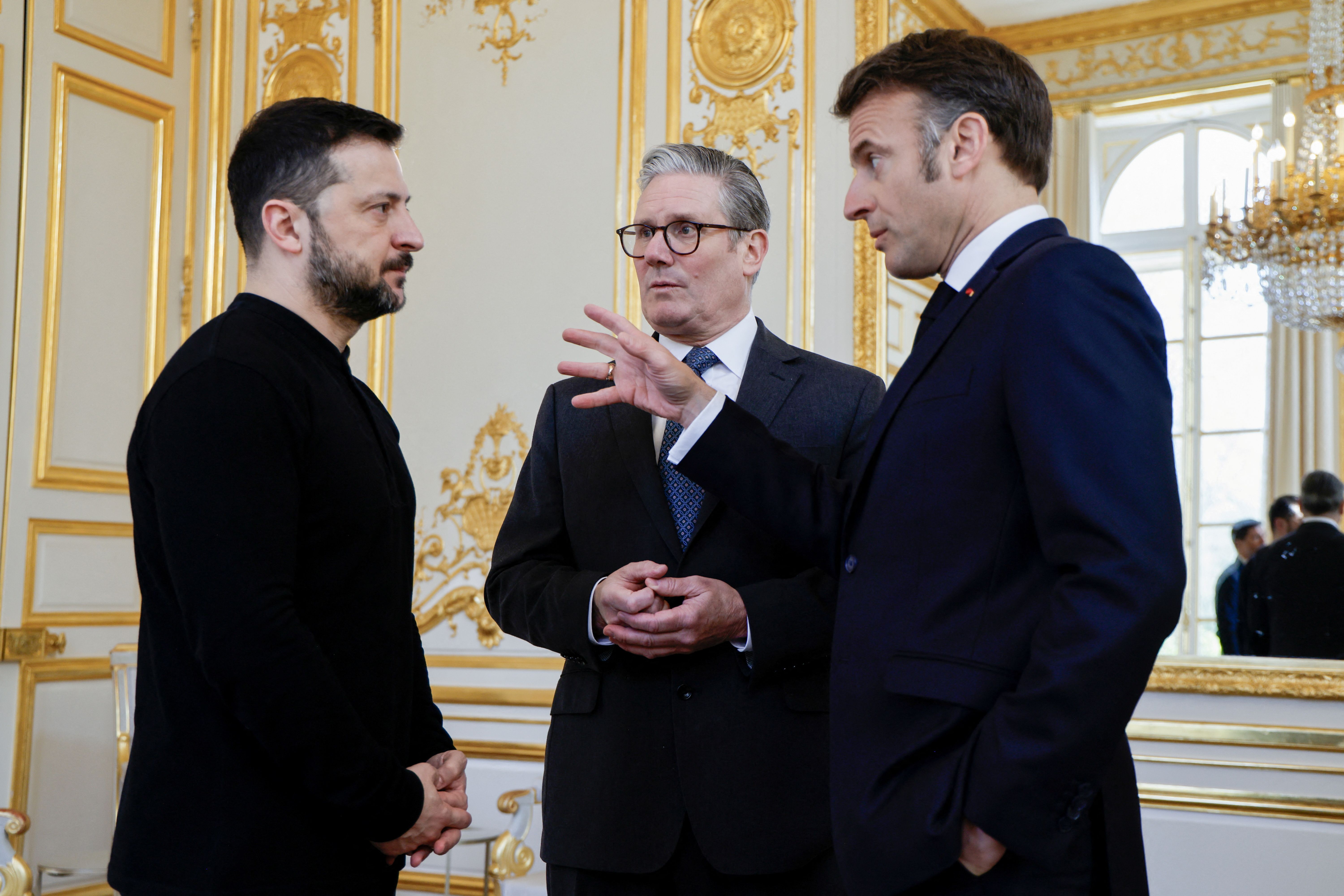 Ukraine’s President Volodymyr Zelenskiy, France’s President Emmanuel Macron and Britain’s Prime Minister Keir Starmer.