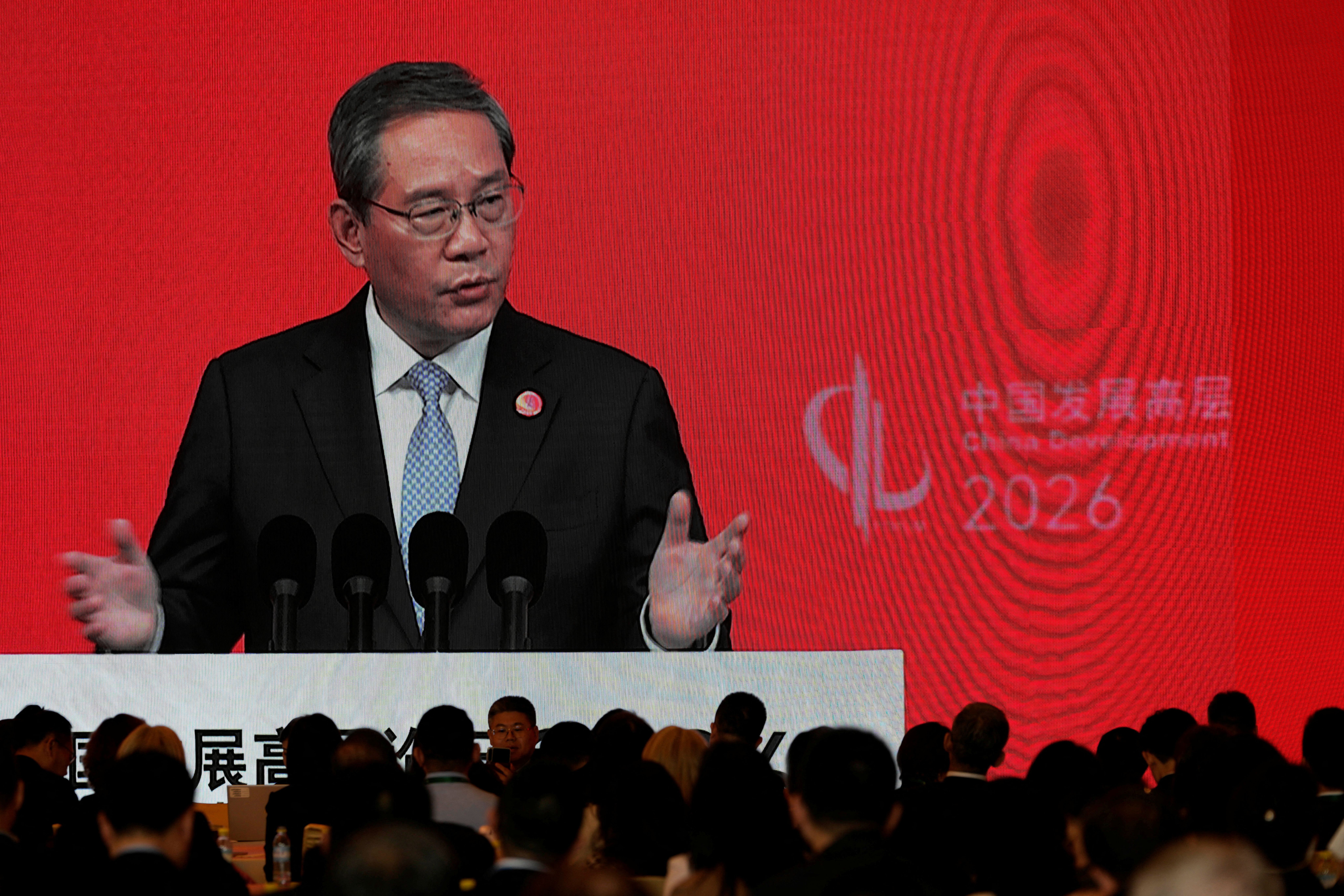 Chinese Premier Li Qiang speaking at the opening of the China Development Forum in Beijing