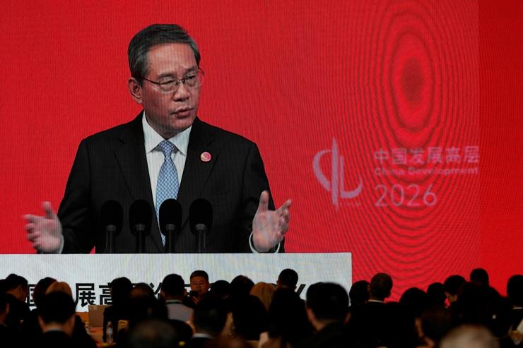 Chinese Premier Li Qiang speaking at the opening of the China Development Forum in Beijing