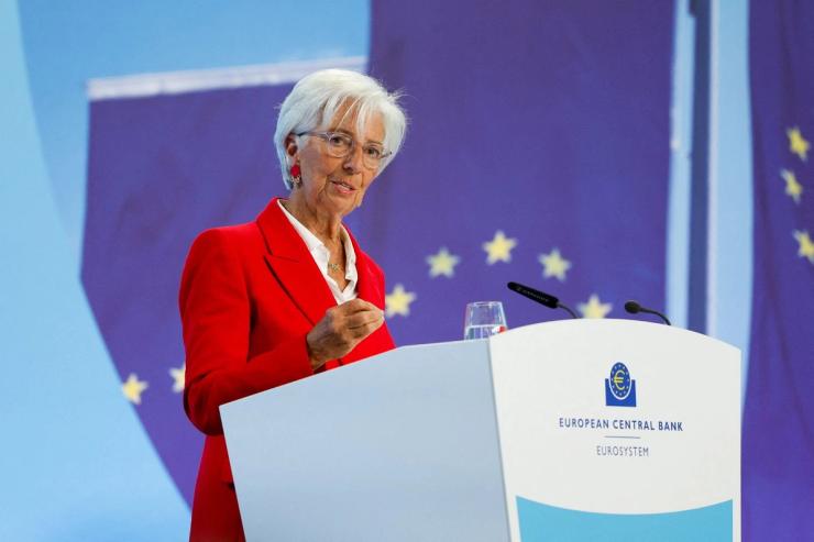 European Central Bank (ECB) President Christine Lagarde addresses the media.