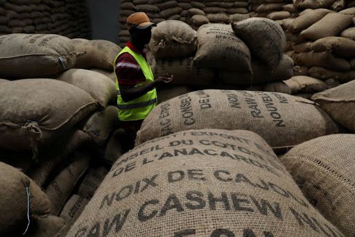 Cashew nut bags at a warehouse in Abidjan, Côte d’Ivoire.