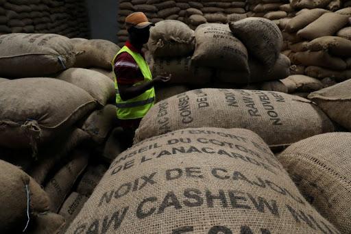 Cashew nut bags at a warehouse in Abidjan, Côte d’Ivoire.