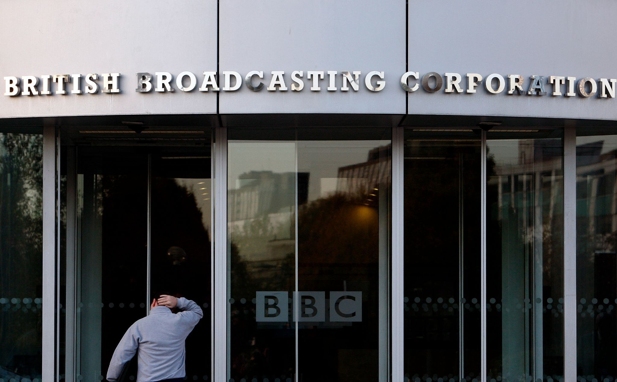 The entrance to the BBC building is seen in White City in western London