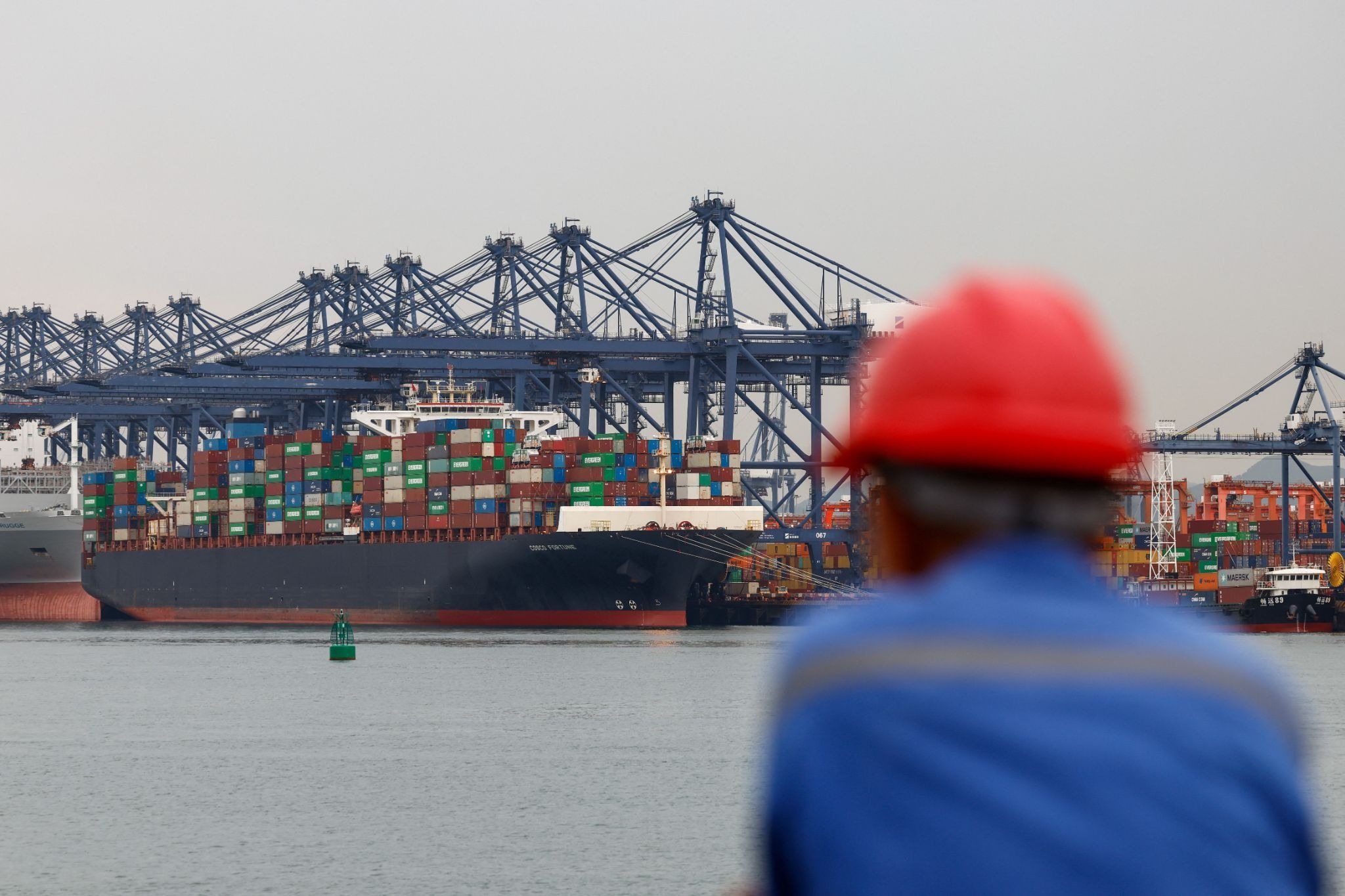 Shipping containers on a freighter at the port of Shenzhen
